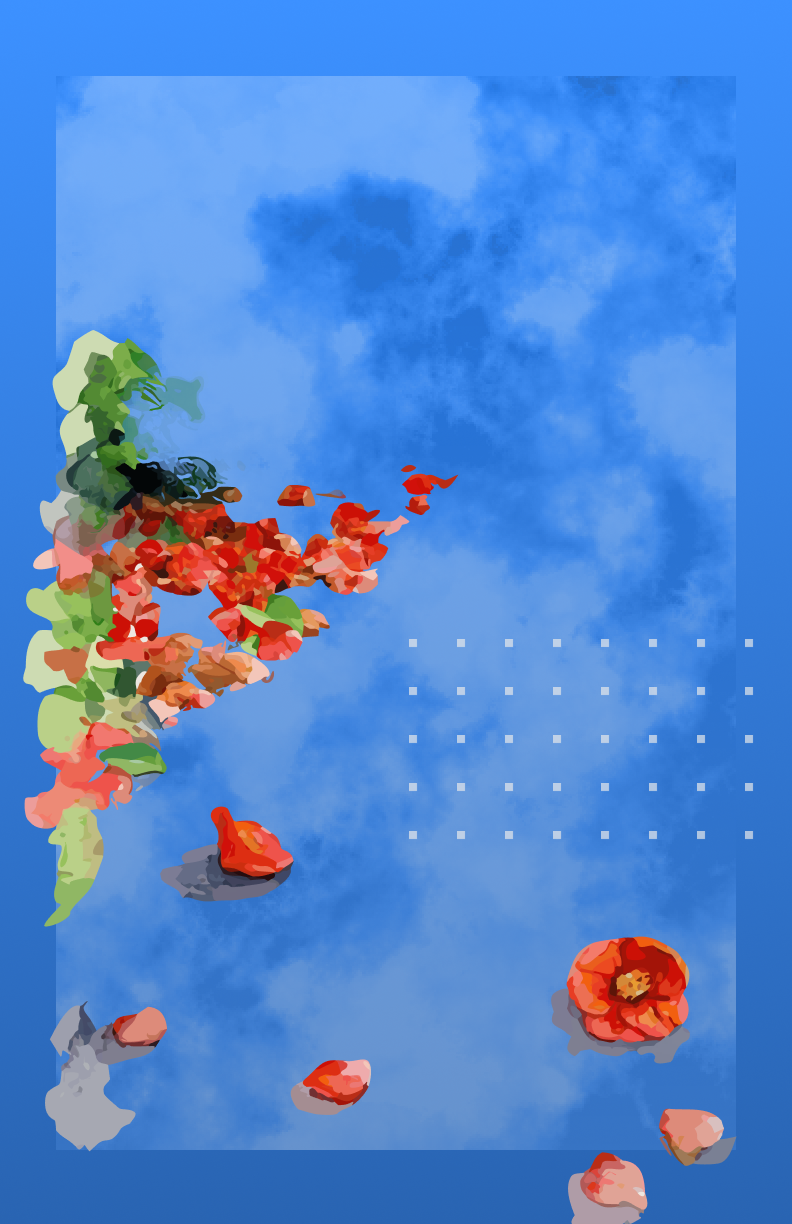 August 2026 cover illustration — camellia blossoms and scattered petals drifting on blue water